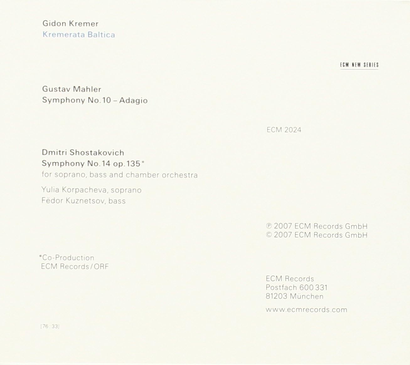 Gustav Mahler / Dmitri Shostakovich- Gidon Kremer, Kremerata Baltica
