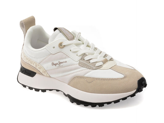 Pantofi sport PEPE JEANS albi, LUCKY PRINT, din material textil