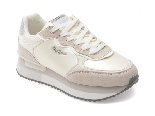 Pantofi sport PEPE JEANS albi, RUSPER SHINE, din material textil