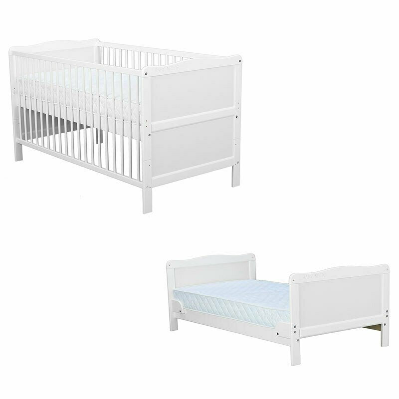 Patut din lemn bebe, Transformabil si pentru junior, 140x70 cm, Din lemn de pin si mdf, Stabil si rezistent, Inaltime saltea reglabila pe 3 nivele, Laterala cu 3 bete detasabile, EN716-1, EN716-2, Alb, Babyneeds, Nadia + Saltea 12 cm