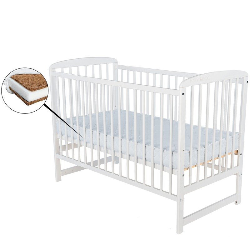 Patut din lemn bebe, 120X60 cm, Din lemn de pin, Stabil si rezistent, Inaltime saltea reglabila pe 3 nivele, Laterala cu 3 bete detasabile, EN716-1, EN716-2, Alb, Babyneeds, Ola + Saltea 8 cm