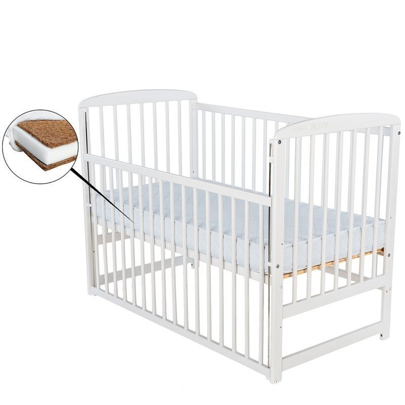 Patut din lemn bebe, 120x60 cm, Cu laterala culisanta, Din lemn de pin, Stabil si rezistent, Inaltime saltea reglabila pe 3 nivele, Laterala cu 3 bete detasabile, EN716-1, EN716-2, Alb, Babyneeds, Ola + Saltea 8 cm