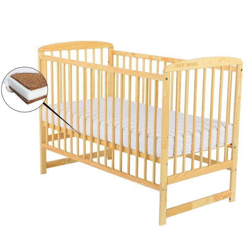 Patut din lemn bebe, 120x60 cm, Din lemn de pin, Stabil si rezistent, Inaltime saltea reglabila pe 3 nivele, Laterala cu 3 bete detasabil, EN716-1, EN716-2, Natur, Babyneeds, Ola + Saltea 8 cm