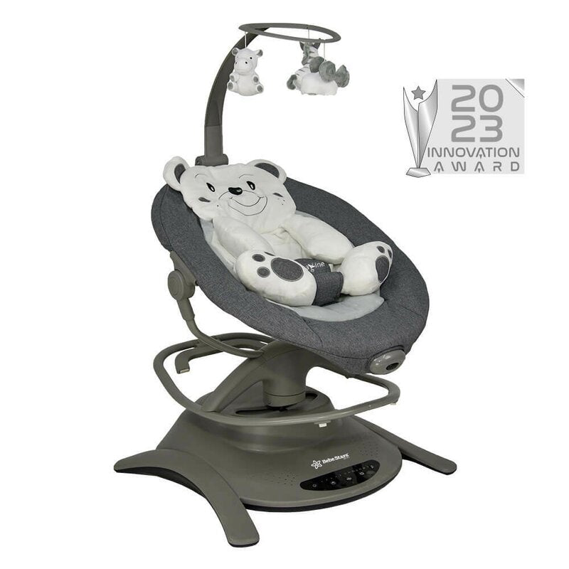 Balansoar, Bebe Stars, Swing, 2 in 1, Rotire 360 grade, Electric, Cu 6 moduri de leganare, Cu 5 trepte de viteza, Cu 3 pozitii de inclinare, Cu jucarii, Cu melodii, Pana la 13 kg, Confom cu EN62115, EN12790, Grey