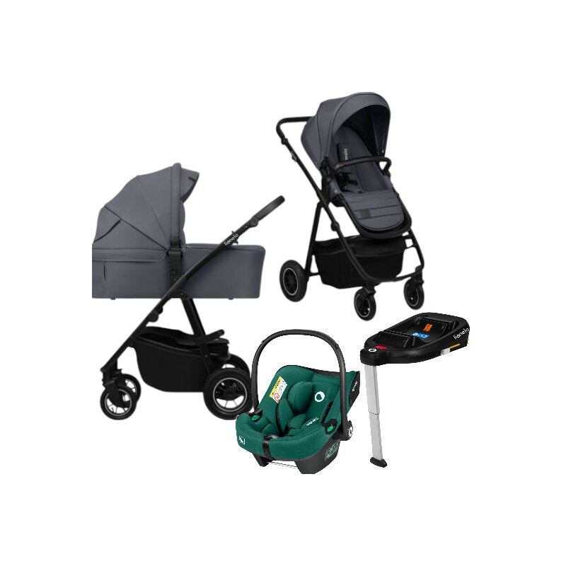 Carucior 4 in 1, Lionelo, Amber Plus, Cu scoica auto Verde testata ADAC + Baza Isofix, Reversibil, Maner ajustabil, Cu accesorii, Cu ventilatie panoramica 3D, Pana la 22 kg, EN1888-1, EN1888-2, EN1466, ECE R129, Gri