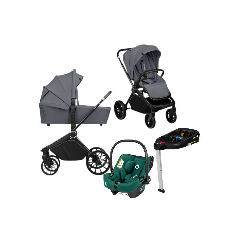 Carucior 4 in 1, Lionelo, Mika Plus, Cu scoica auto Verde testata ADAC + Baza Isofix, Reversibil, Cu sistem de ventilatie 3D, Cu accesorii, Pana la 22 kg, EN1888-1 EN1888-2 EN1466 ECE R129, Gri