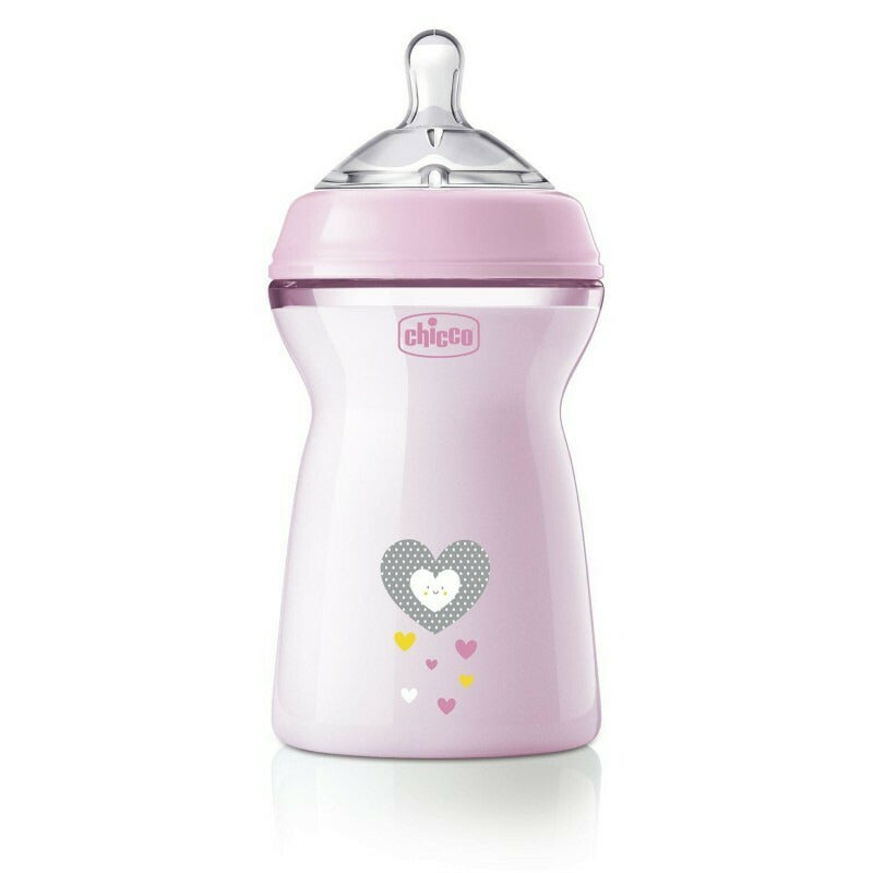 Biberon anticolici, Chicco, Natural Feeling, Plastic, Cu tetina Din silicon moale, Pentru hranire alternativa, Potrivit pentru nou-nascuti si sugari, Fara BPA, 330 ml, 6 luni+, Roz