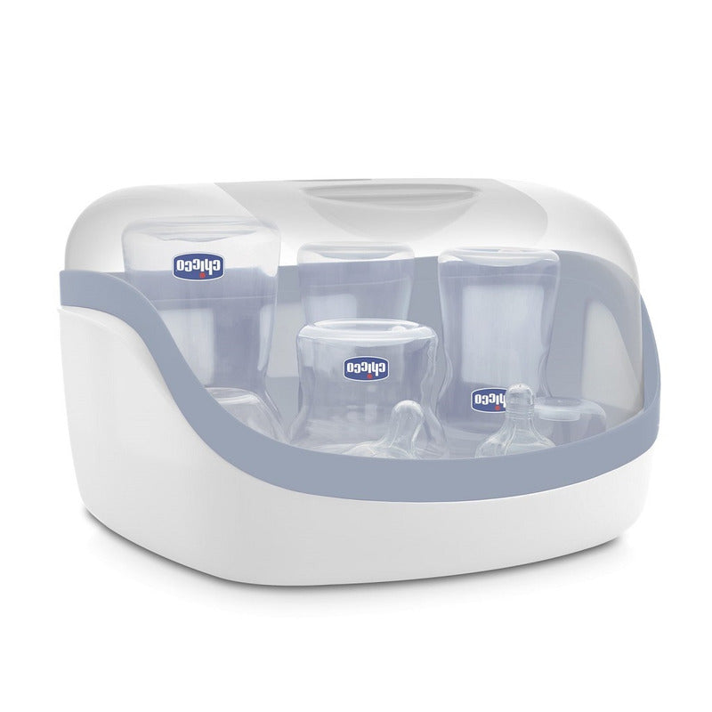 Sterilizator, Chicco, Pentru microunde, In 3-8 minute, Capacitate de pana la 5 biberoane, Protectie impotriva germenilor timp de 24h, Include cleste, 28x24x17 cm, Gri