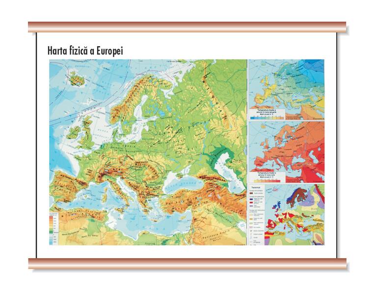 Harta fizică a Europei - mini - plastifiat cu șipci - Cartographia Studium
