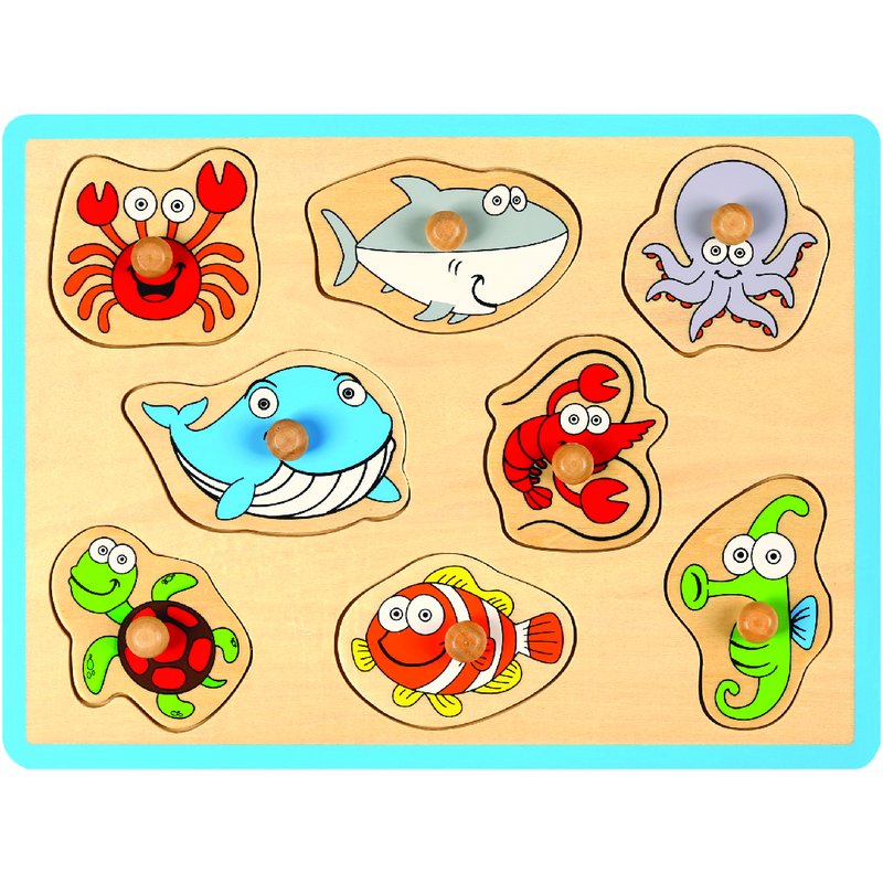 Puzzle, Joueco, Din lemn certificat FSC, 30 x 27 cm, 18 luni+, 8 piese, Animale acvatice