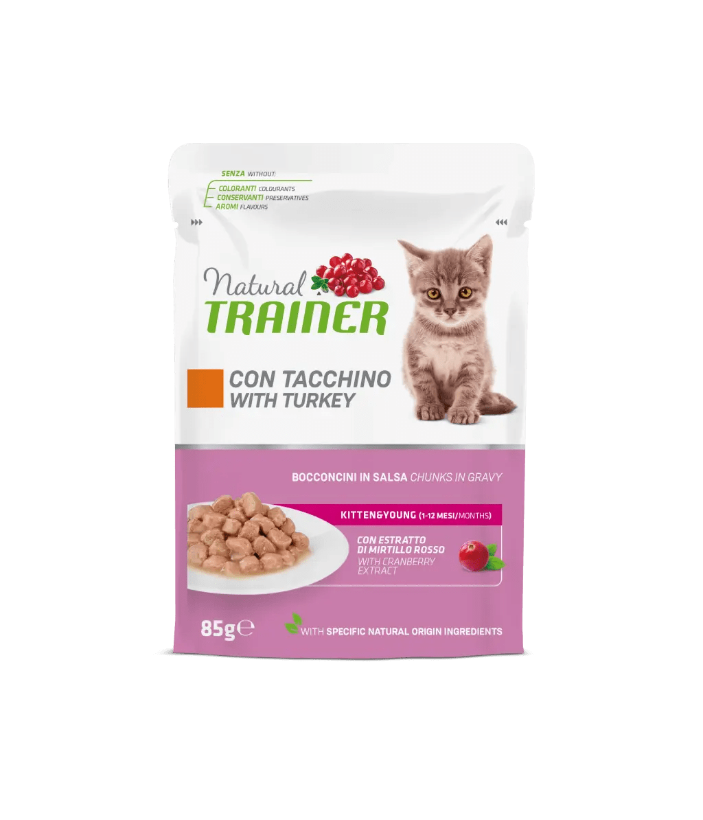 Natural Trainer, Kitten & Young cu Bucati de Curcan in Sos, 85 g