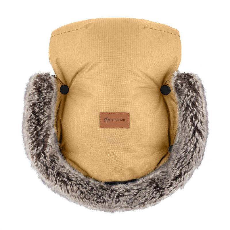 Manusi calduroase pentru carucior, Petite&Mars, Furry, Cu blanita detasabila, Pentru vremea rece, Potrivite pentru orice carucior, Impermeabile, Inchidere prin capse, Elegant Caramel