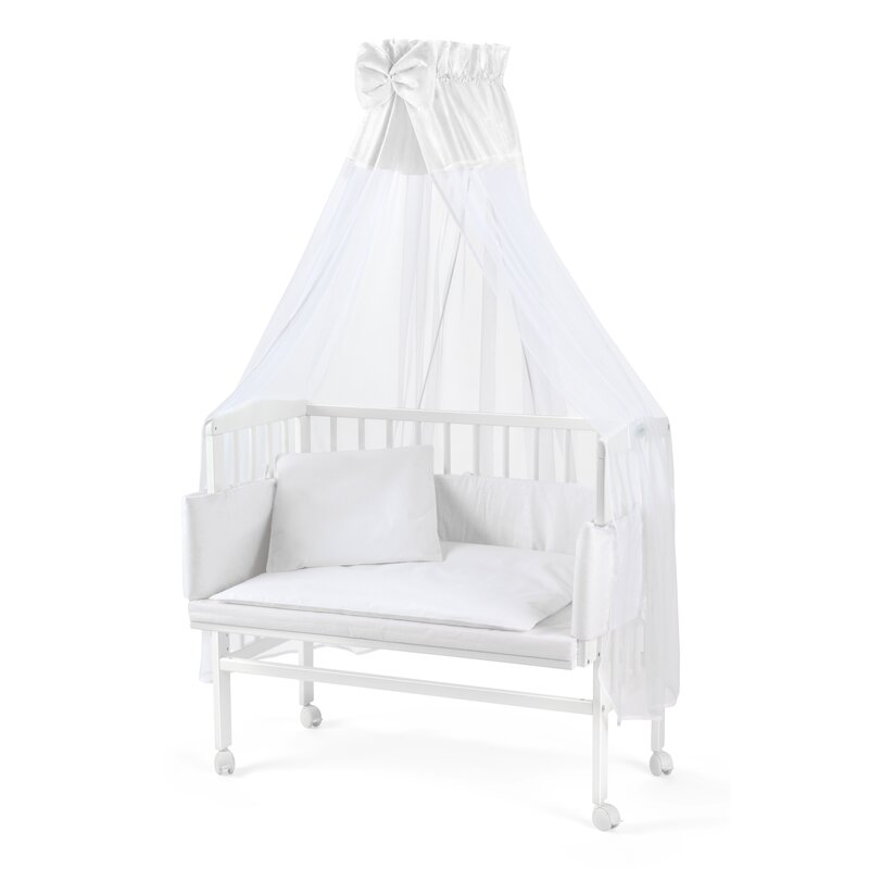 Patut pentru copii 2in1, 90 cm x 55 cm, lemn de fag, vopsea certificata, roti blocabile, laterala detasabila, co-sleeping, Saltea inclusa, Aparatoare laterala din bumbac, Baldacin cu Suport Metalic, Waldin, Equipment, Alb, 88