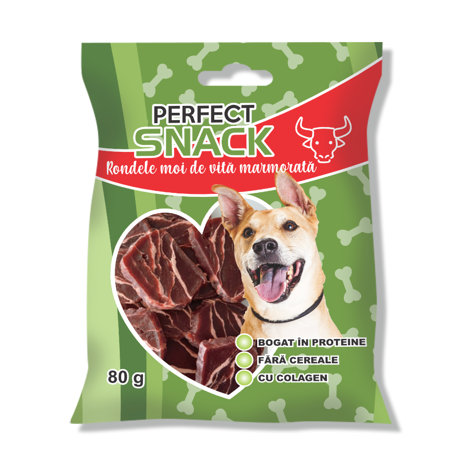 Hrana complementara pentru caini, Perfect Snack, rondele moi de vita marmorata, 80 g