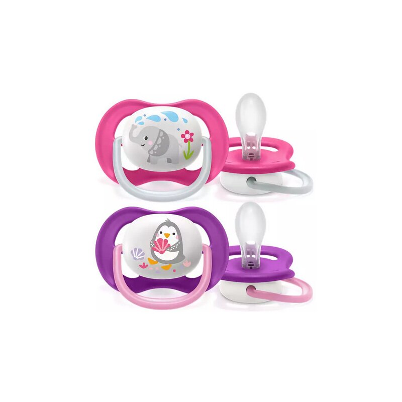 Suzete set, Philips Avent, Ultra air, 2 buc, 6-18 luni+, Din silicon, Cu desene, Roz/Mov