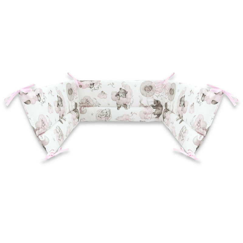 Aparatoare pentru patut, Qmini, Din bumbac certificat Oeko Tex Standard 100, 210x30 cm, Cu panglici, Teddy Bear and Friends Pink