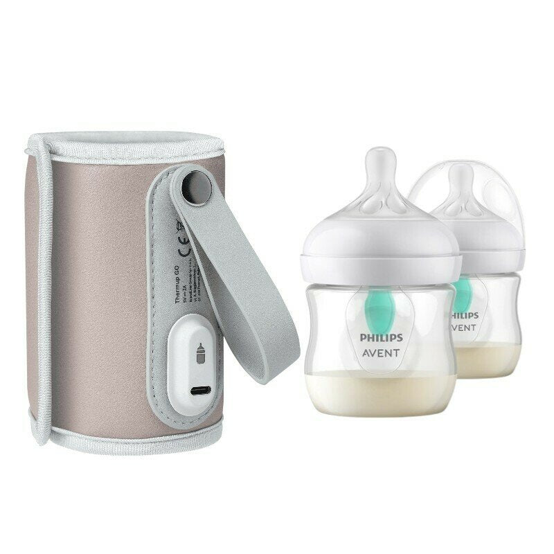 Set incalzitor biberoane, Lionelo, ThermUp Go, portabil, USB, Roz + 2x biberoane, Philips Avent, Cu supapa AirFree, 0 luni+, 125 ml, Alb