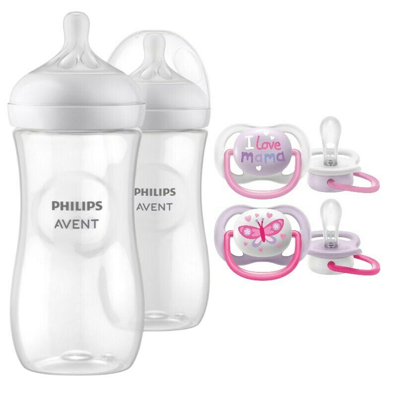 Set ingrijire Philips Avent: Biberon anticolici, Natural Response, 330 ml, 3 luni+, 2 buc + Suzete Ultra Air, 0-6 luni, Din silicon, fara BPA, Roz