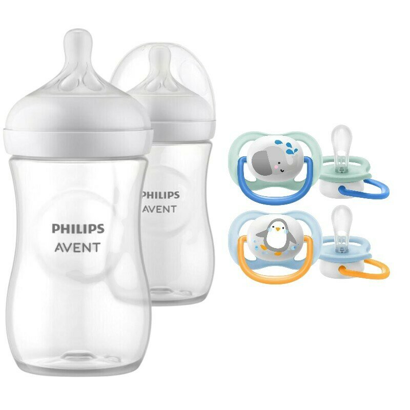 Set ingrijire Philips Avent: Biberon anticolici, Natural Response, 260 ml, 1 luni+, 2 buc + Suzete Ultra Air, 2 buc, 0-6 luni, Din silicon, Albastru/Portocaliu