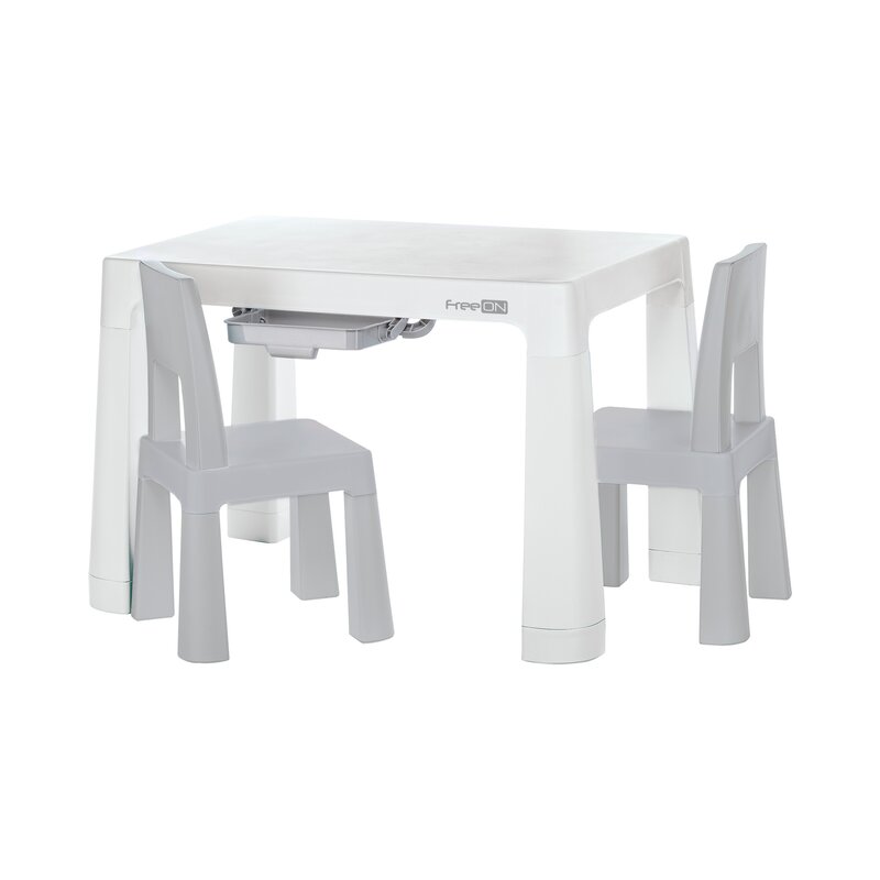 Set masuta si doua scaune, FreeON, Neo, Pentru copii, Cu doua sertare, Cu masa reglabila la doua inaltimi, Conform cu standardele europene de securitate EN71-1;2018, EN71-2:2020, EN71-3:2021, Gri