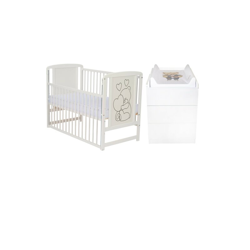 Set mobilier pentru copii, Qmini: Patut din lemn de pin cu roti, cu laterala culisanta si somiera reglabila in 3 trepte, Timmi Heart, 120x60 cm + Saltea cocos-burete-cocos, 10 cm + Comoda cu masuta de infasat, Alb