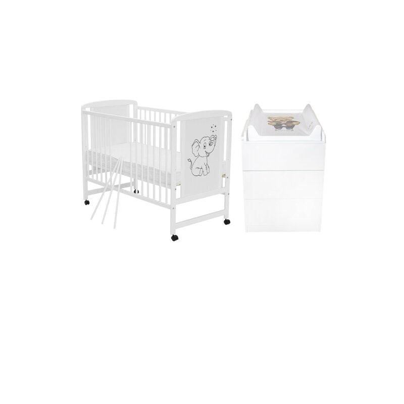 Set mobilier pentru copii, Qmini: Patut din lemn de pin si MDF cu roti, cu somiera reglabila in 3 trepte, Timmi Elefant, 120x60 cm + Saltea cocos-burete-cocos, 12 cm + Comoda cu masuta de infasat, Alb