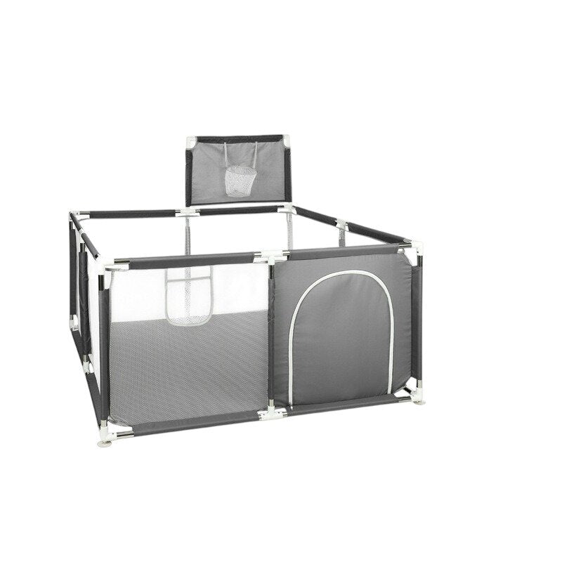Tarc de joaca copii, Primabobo, 126 x 126 cm, Pliere compacta, Include cos de baschet, Din plasa, Cu intrare laterale si fermoar, Cu ventuze pentru stabilitate, Gri
