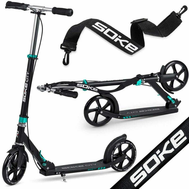 Trotineta de oras, Clasica, cu 2 roti, frana de mana, Soke, City, Aluminiu, Greutate maxima utilizator 100 Kg, Negru/Turcoaz