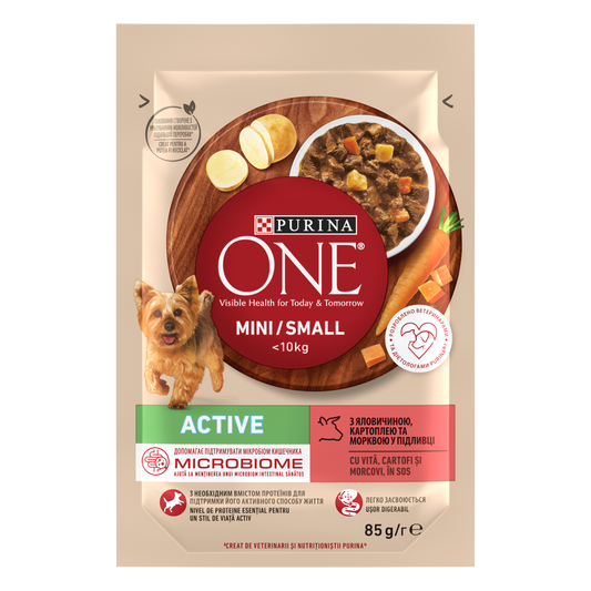 PURINA ONE MINI Active, vita, cartofi si morcovi, in sos, 85 g