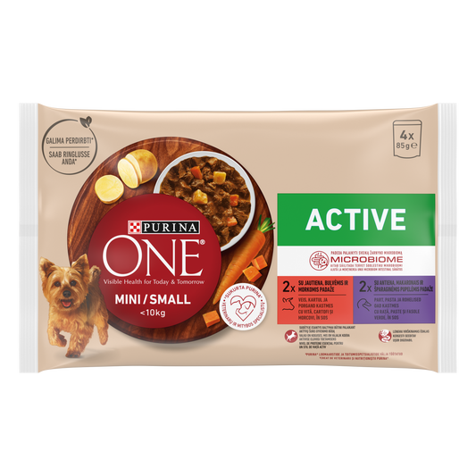 PURINA ONE MINI Active, vita, cartofi, si morcovi/ cu rata, paste si fasole verde, in sos, 4x85 g