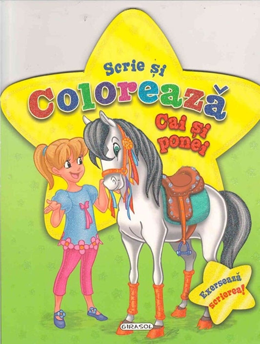 Scrie si coloreaza cai si ponei - verde 