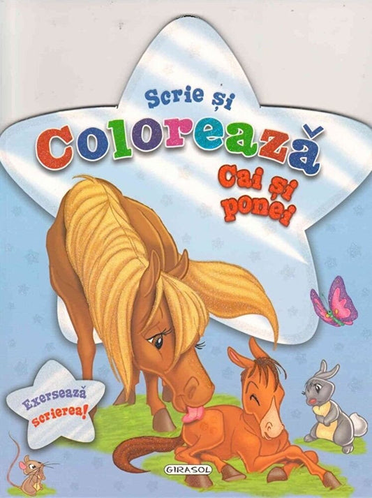 Scrie si coloreaza cai si ponei - bleu 