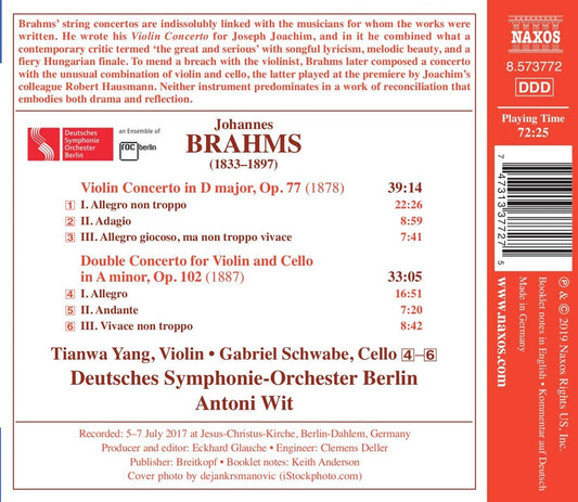 Brahms: Violin Concerto Op.77; Double Concerto Op. 102- Tianwa Yang, Gabriel Schwabe, Deutsches Symphonie-Orchester Berlin, Antoni Wit