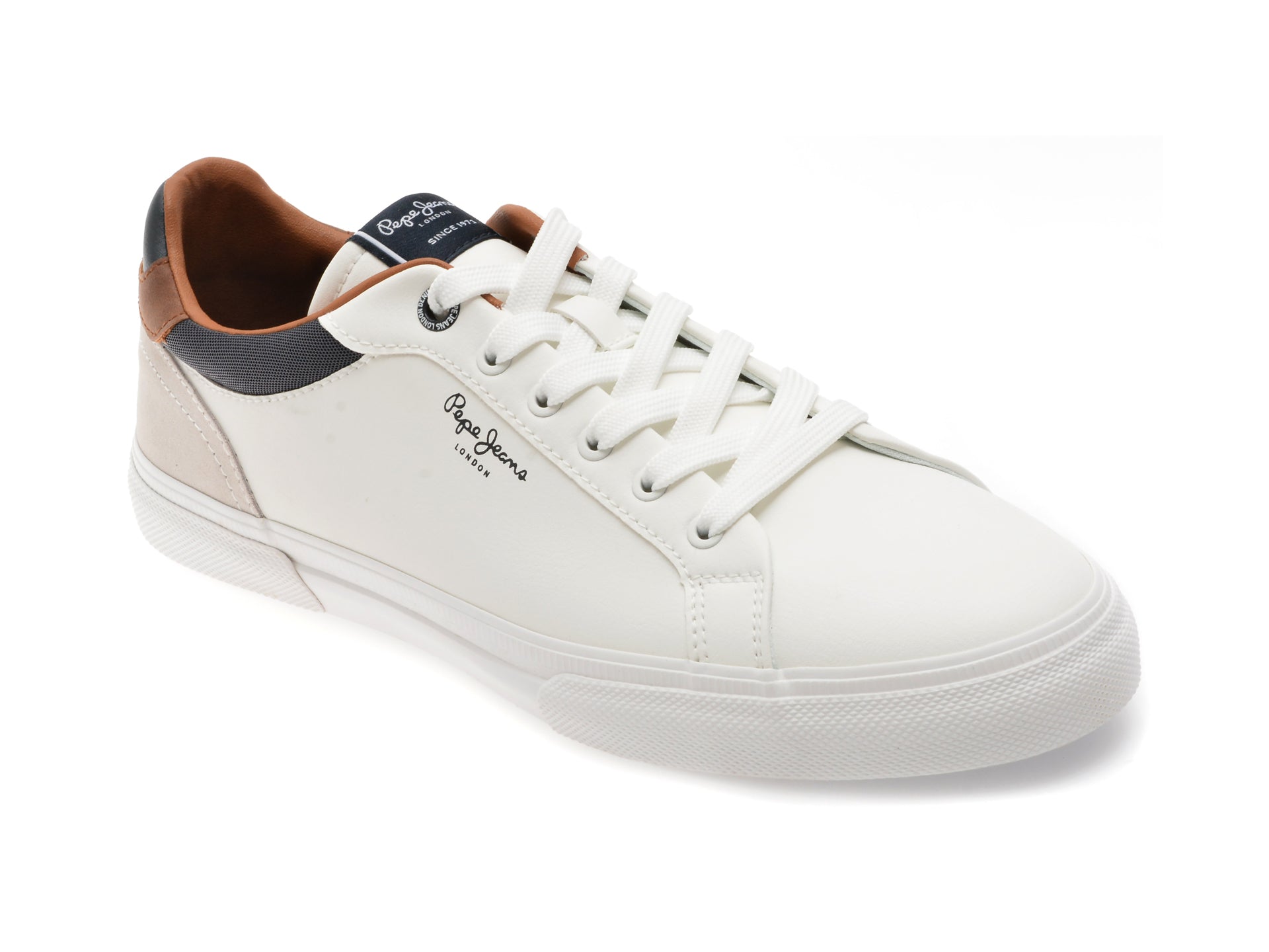 Pantofi sport PEPE JEANS albi, KENTON COURT, din piele ecologica