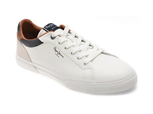 Pantofi sport PEPE JEANS albi, KENTON COURT, din piele ecologica