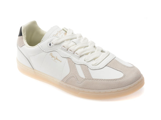 Pantofi sport PEPE JEANS albi, BALL CLUB, din piele naturala