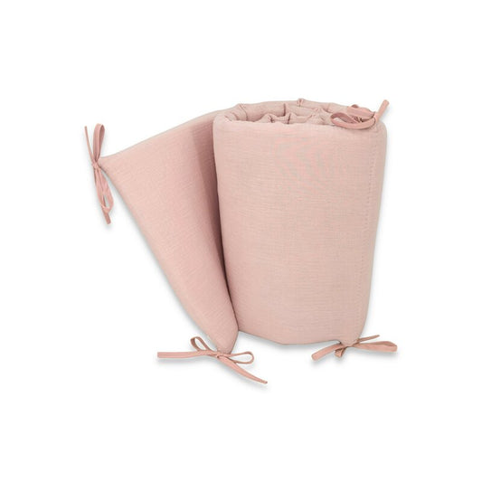 Aparatoare pentru patut, Qmini, Din muselina dubla, 180x30 cm, Cu panglici, Material certificat Oeko Tex Standard 100, Powder Pink