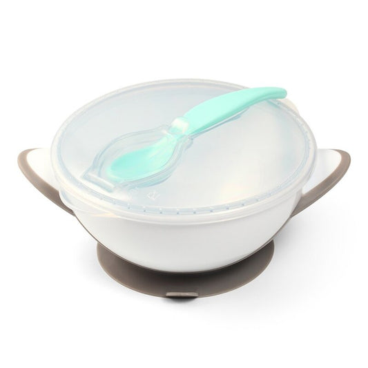 Castron cu ventuza si lingurita, BabyOno, Fara BPA, 300 ml, 6 luni+, Gri
