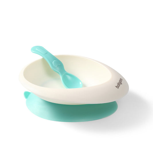 Set bol cu ventuza si lingura, BabyOno, Plastic moale, Fara BPA, 230 ml, 6 luni+, Verde