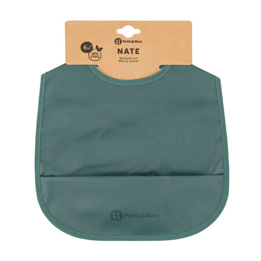 Baveta impermeabila cu buzunar, Petite&Mars, Nate, Fara PVC si ftalati, 37 × 27 cm, 6 luni+, Prindere velcro, Verde