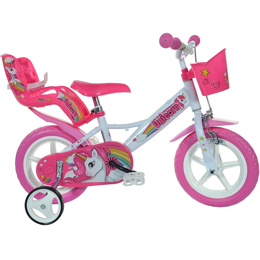 Bicicleta cu pedale, Dino Bikes, Unicorn, Cu roti ajutatoare, Cu cosulet frontal, Cu cosulet pentru papusi, 12 inch, Pana la 40 kg, 3 ani+, Multicolor