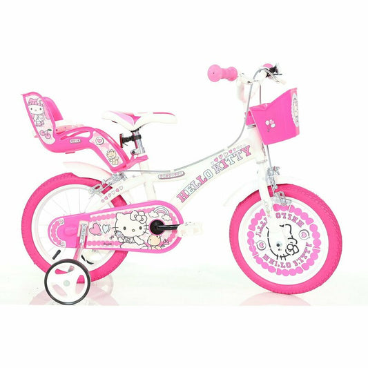 Bicicleta copii, Dino Bikes, Hello Kitty, Roti ajutatoare, Cosulet frontal, Scaunel pentru papusi, 16 inch, Cadru din otel, Pana la 125 cm, White
