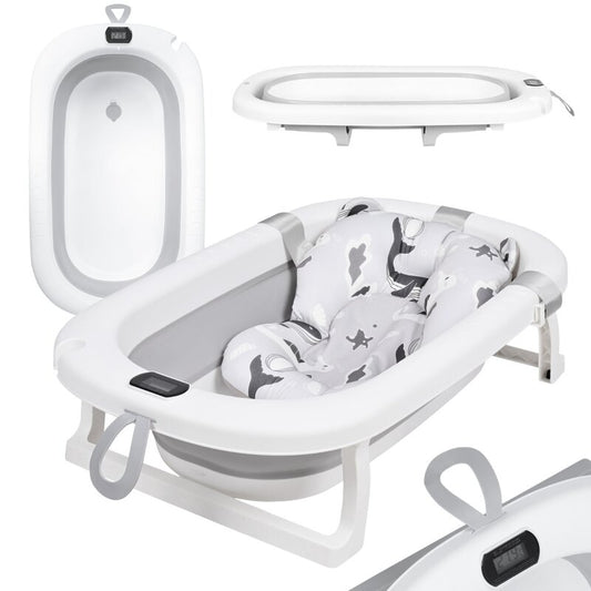 Cadita pliabila, Primabobo, Milo, Cu termometru, dop si suport anatomic, De la nastere, Pana la 25 kg, Conform cu standardul european de securitate EN71, 75 x 44 x 20 cm, Gri