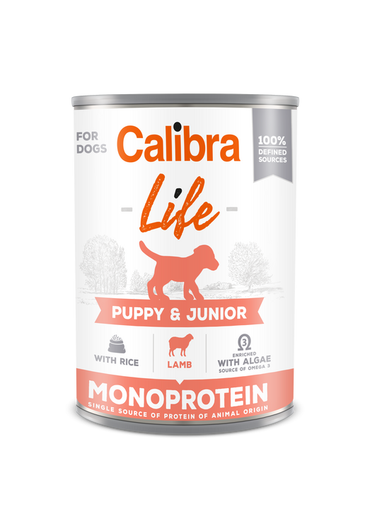 Calibra Dog Life Puppy & Junior, Lamb & Rice 400 g, conserva