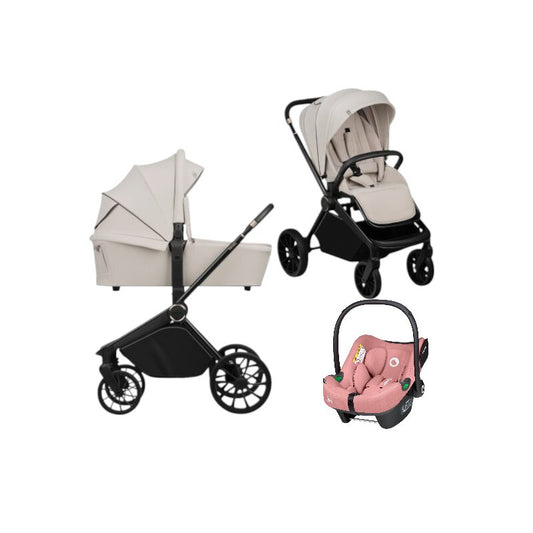 Carucior 3 in 1, Lionelo, Mika Plus, Cu scoica auto Roz testata ADAC, Reversibil, Cu sistem de ventilatie 3D, Cu accesorii, Pana la 22 kg, EN1888-1 EN1888-2 EN1466 ECE R129, Bej