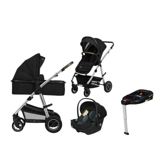 Carucior 4 in 1, Lionelo, Amber, Cu landou intarit si salteluta moale, Cu scoica auto testata ADAC, Baza isofix pentru scoica, Reversibil, Cu accesorii, Pana la 22 kg, EN1888-1 EN1888-2 EN1466 ECE R129, Negru silver