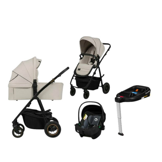 Carucior 4 in 1, Lionelo, Amber Plus, Cu landou intarit si salteluta moale, Cu scoica auto testata ADAC, Baza isofix pentru scoica, Reversibil, Maner ajustabil, Cu accesorii, Pana la 22 kg, EN1888-1, EN1888-2, EN1466, ECE R129, Bej