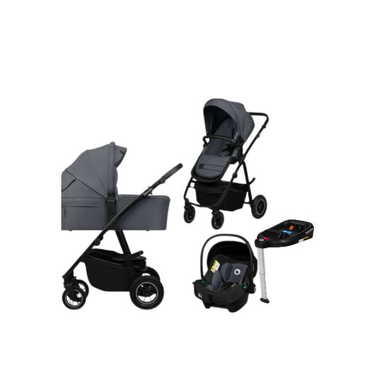 Carucior 4 in 1, Lionelo, Amber Plus, Cu landou intarit si salteluta moale, Cu scoica auto testata ADAC, Baza isofix pentru scoica, Reversibil, Maner ajustabil, Cu accesorii, Pana la 22 kg, EN1888-1, EN1888-2, EN1466, ECE R129, Gri