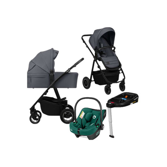 Carucior 4 in 1, Lionelo, Amber Plus, Cu scoica auto Verde testata ADAC + Baza Isofix, Reversibil, Maner ajustabil, Cu accesorii, Cu ventilatie panoramica 3D, Pana la 22 kg, EN1888-1, EN1888-2, EN1466, ECE R129, Gri