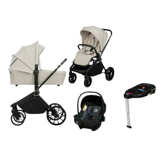 Carucior 4 in 1, Lionelo, Mika Plus, Cu landou intarit si salteluta moale, Cu scoica auto testata ADAC, Baza isofix pentru scoica, Reversibil, Sistem de ventilatie 3D, Cu accesorii, Pana la 22 kg, EN1888-1 EN1888-2 EN1466 ECE R129, Bej